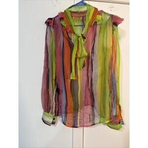 NWOT Marco Bologna Silk Blouse Colorful Tie Neck Vneck LS Stunning Made Italy 42